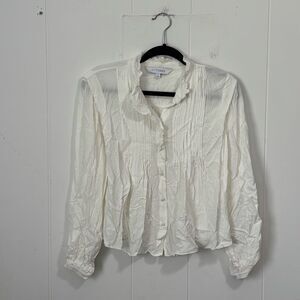 Intermix White Textured Pleated Button Down Blouse Small Classic